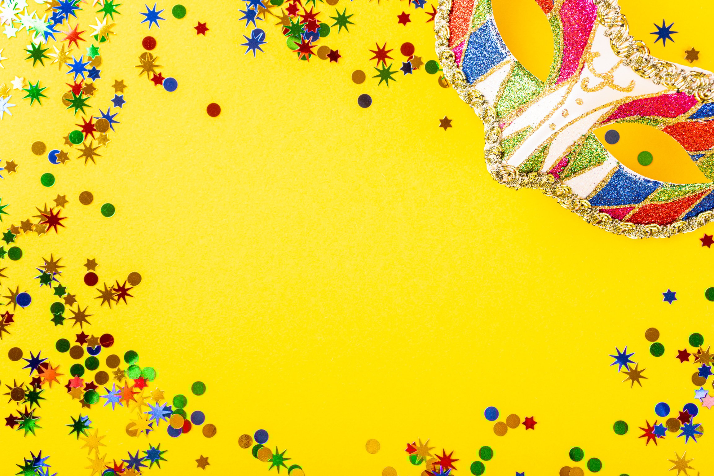 Festive Background with Colorful Mask and Confetti 